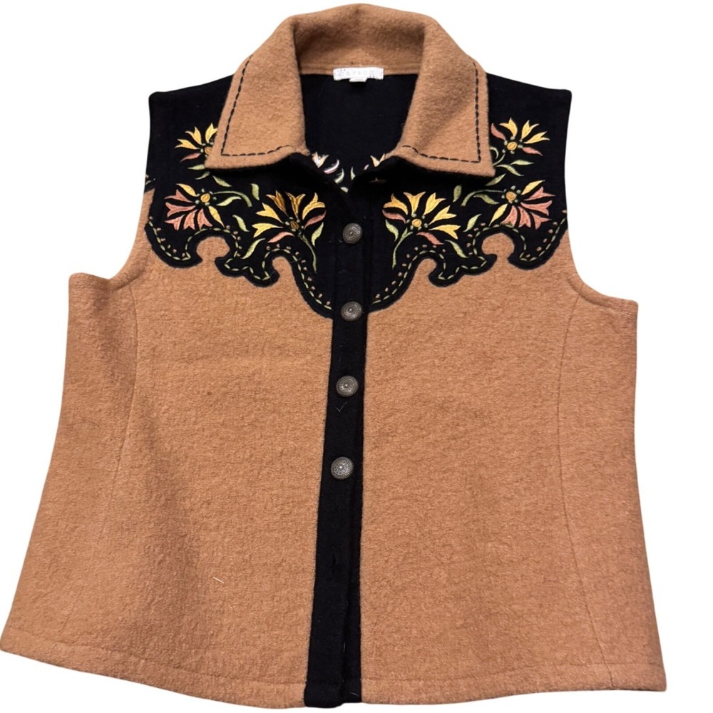Vintage Carson Wool Western Vest M Neutral Embroidered Floral Yoke Cowgirl Rodeo